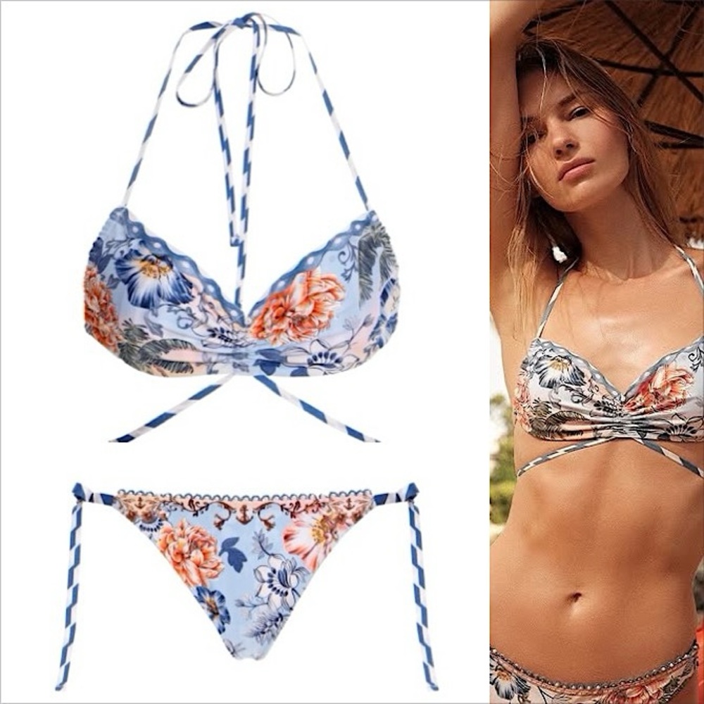NWT! 🏝️💦👙Agua Bendita Light Blue Floral Tie Bikini - Blue, Orange, White